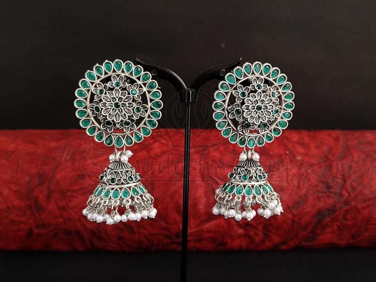 Oxidised Silver Jhumka Earrings with Beautiful Emerald Green Detailing. - swadeshsouq.com