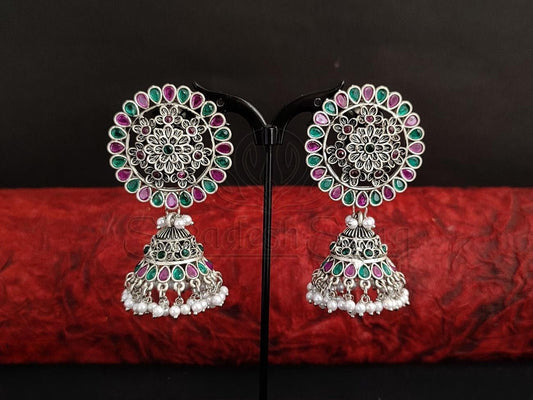 Oxidised Silver Jhumka Earrings with Radiant Rubies and Emeralds. - swadeshsouq.com