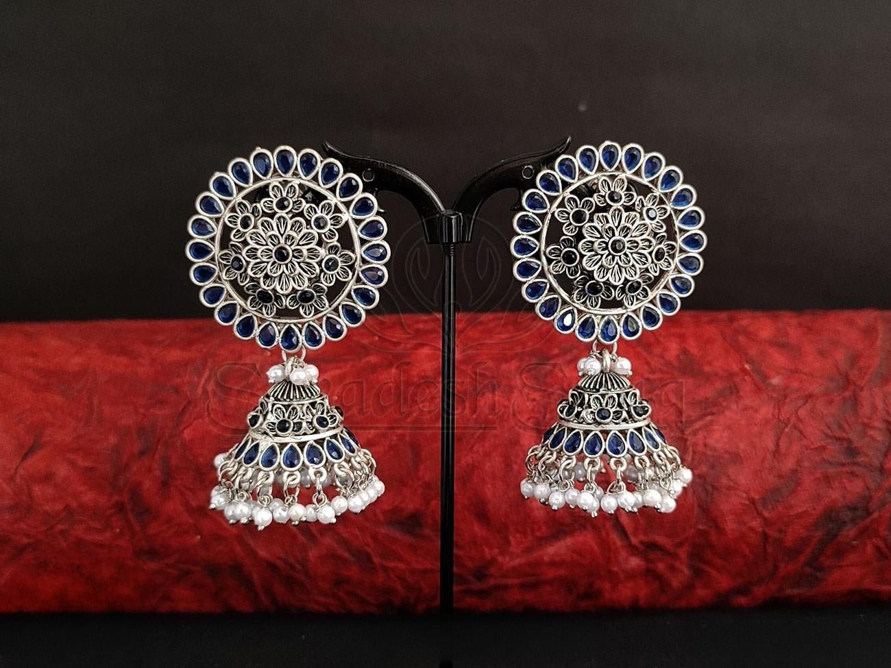 Oxidised Silver Jhumka Earrings with Stunning Sapphire Blue Detailing. - swadeshsouq.com