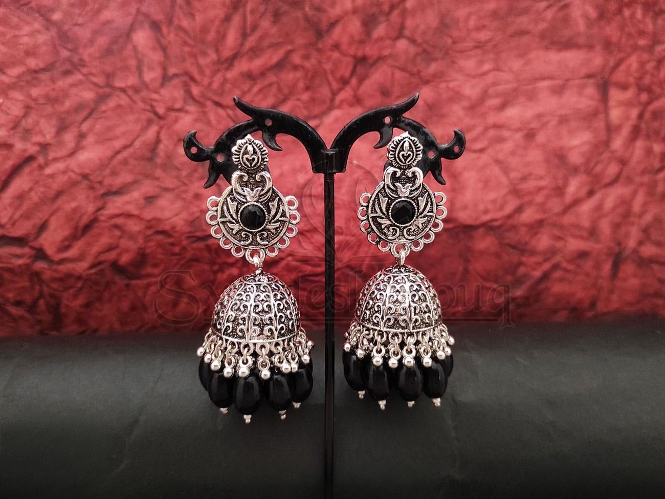 Oxidised Silver Jhumkas with Black Beads. - swadeshsouq.com