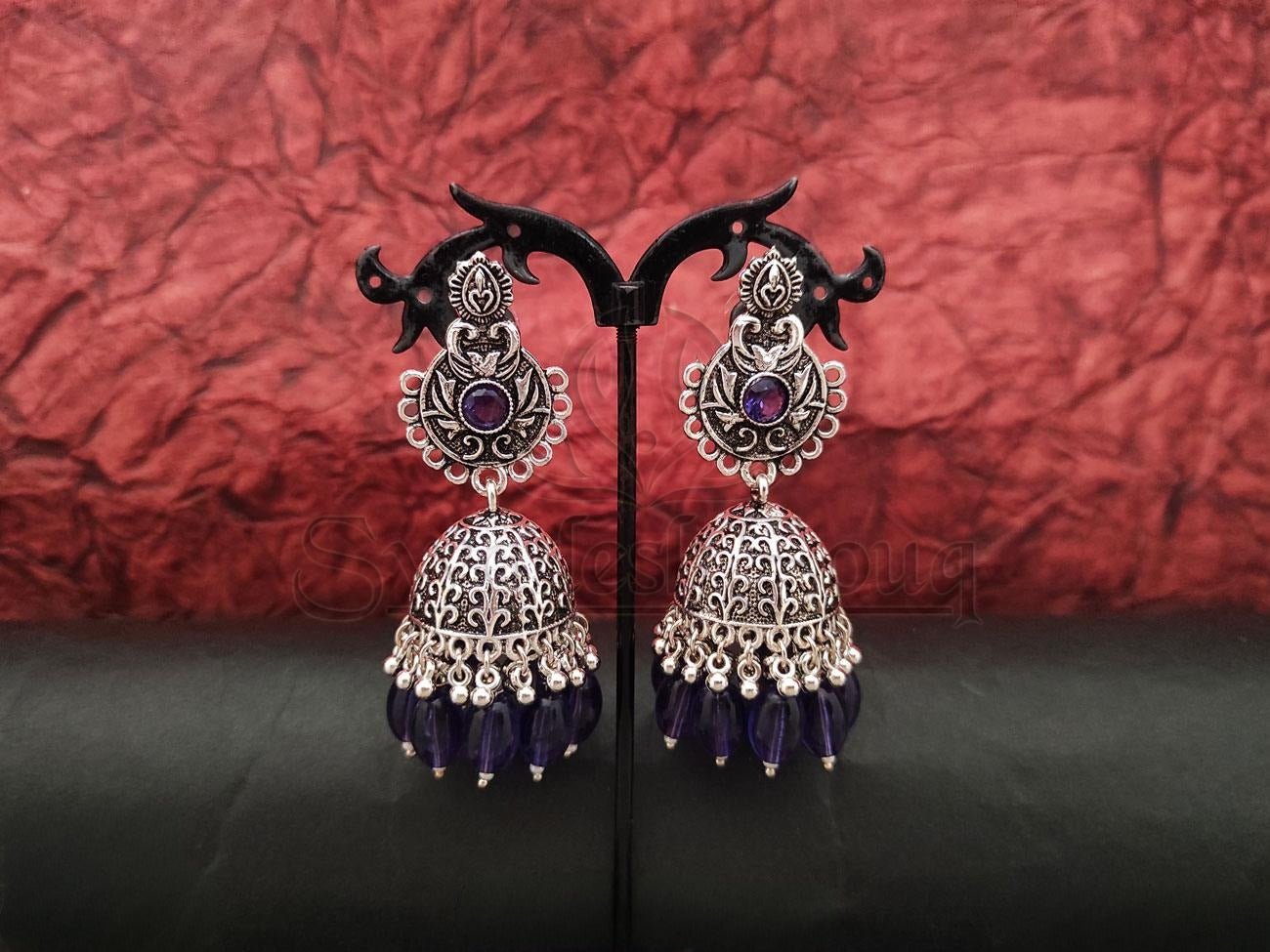 Oxidised Silver Jhumkas with Purple Beads. - swadeshsouq.com