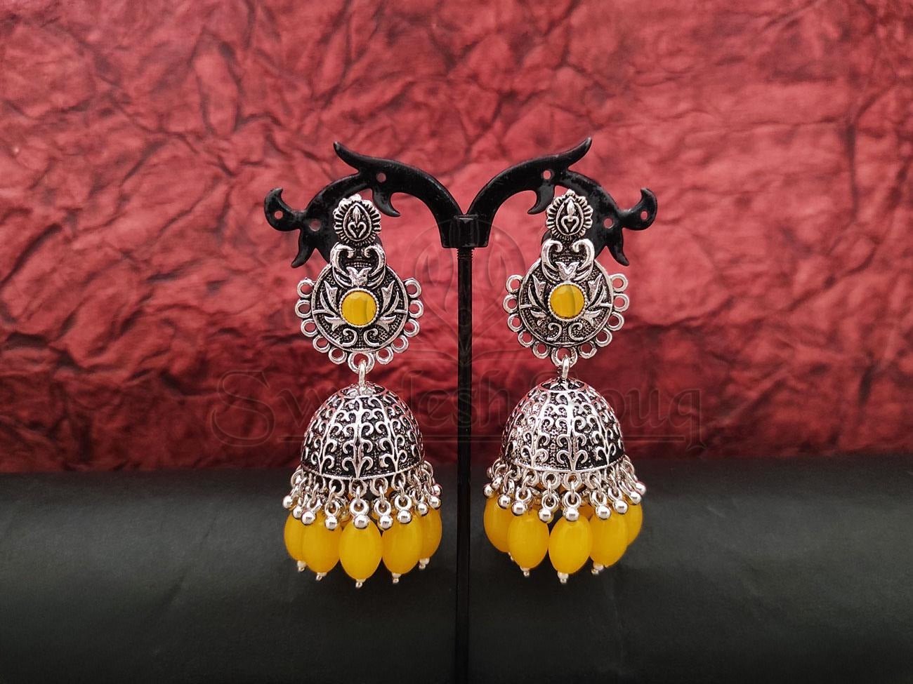 Oxidised Silver Jhumkas with Yellow Beads - swadeshsouq.com