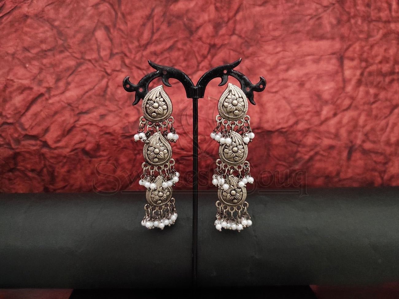 Oxidised Silver Leaf Design Danglers with Pearl Embellishment. - swadeshsouq.com