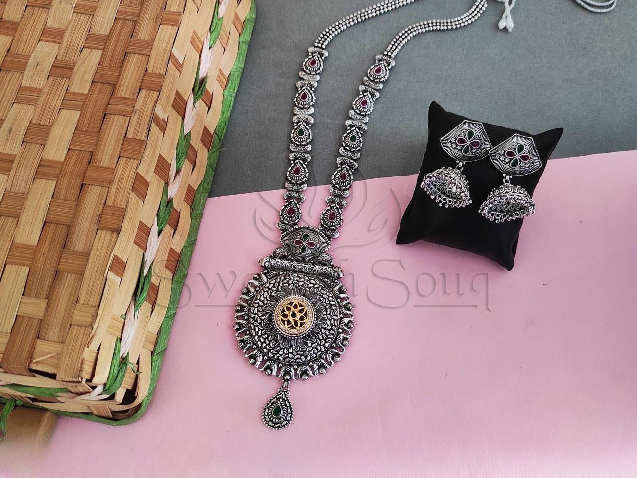 Oxidised Silver Long Necklace with Beautiful Jhumkas. - swadeshsouq.com