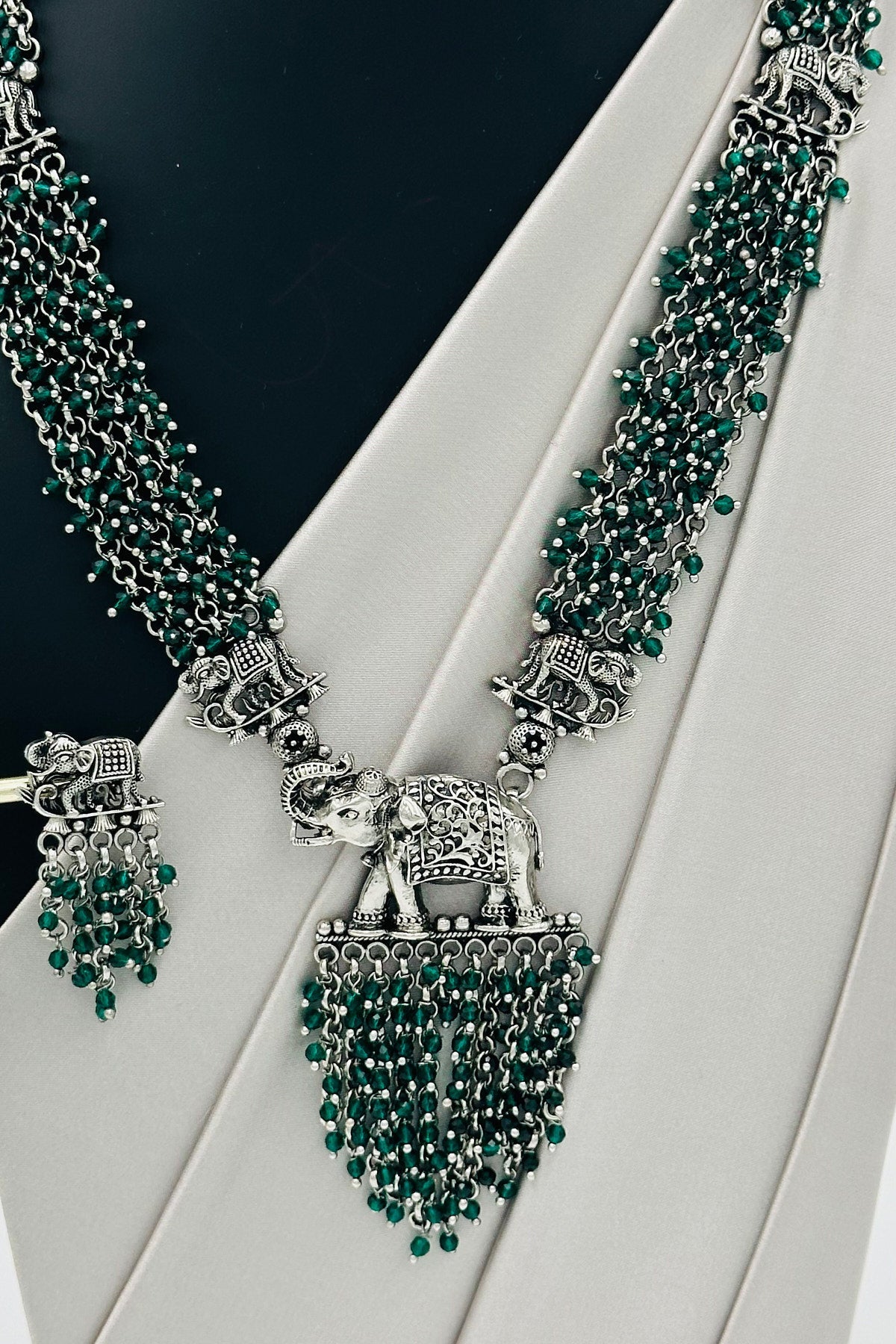 Oxidized Silver Green Beaded Elephant Necklace Set with Danglers. - swadeshsouq.com