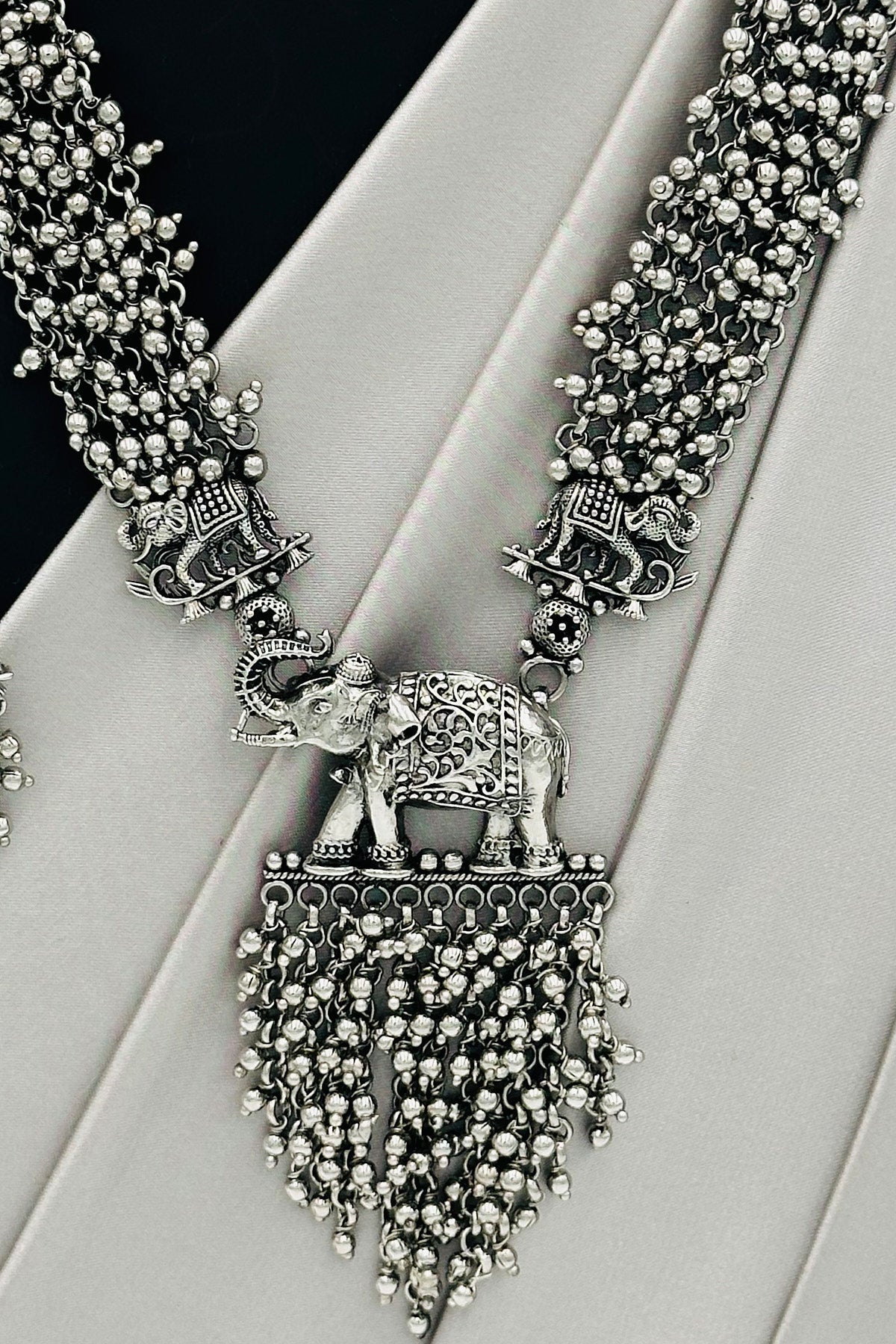 Oxidized Silver Necklace and Elephant Danglers Set. - swadeshsouq.com