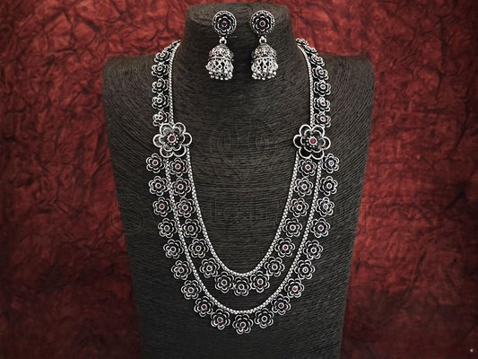 Oxidized Silver Necklace and Jhumka Set with Ruby Embellishments - swadeshsouq.com