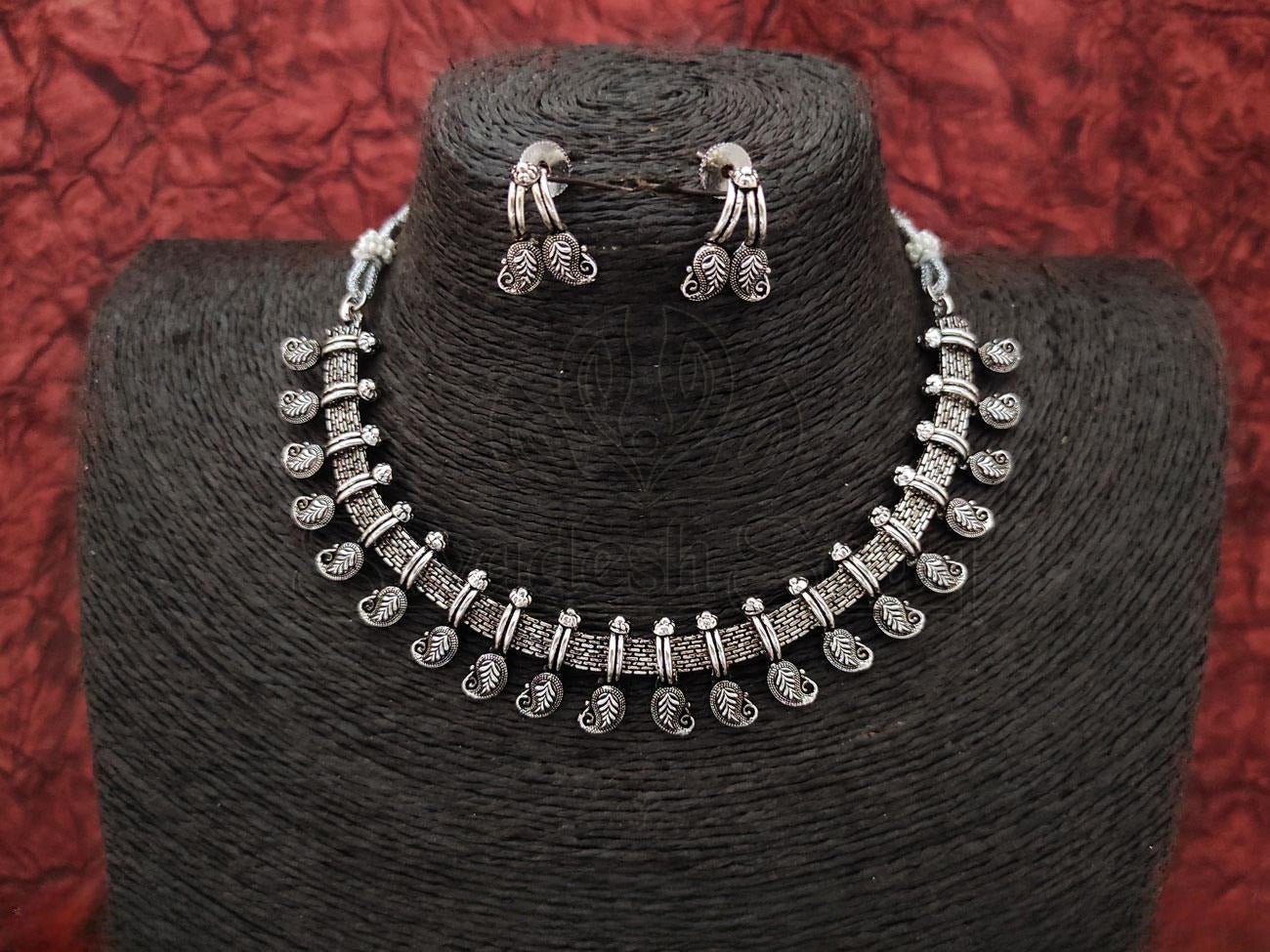 Oxidized Silver Necklace Embossed with Mangoes and Matching Studs. - swadeshsouq.com