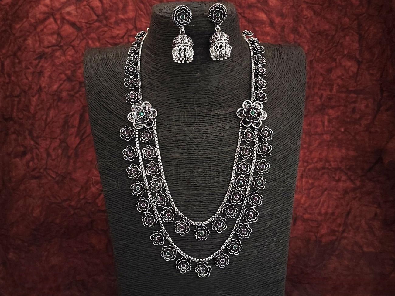 Oxidized Silver Necklace Set with Intricate Antique Design and Matching Jhumkas. - swadeshsouq.com