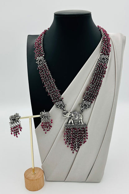 Oxidized Silver Necklace Set with Red Beads and Elephant Danglers. - swadeshsouq.com