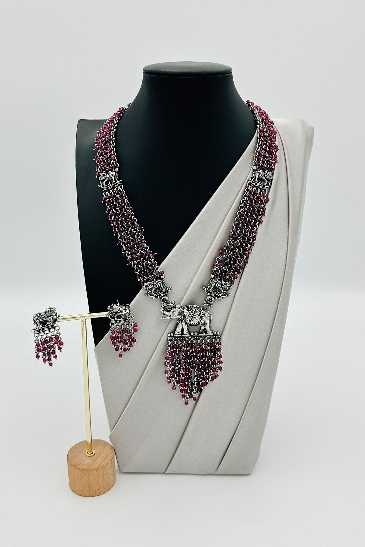 Oxidized Silver Necklace Set with Red Beads and Elephant Danglers. - swadeshsouq.com