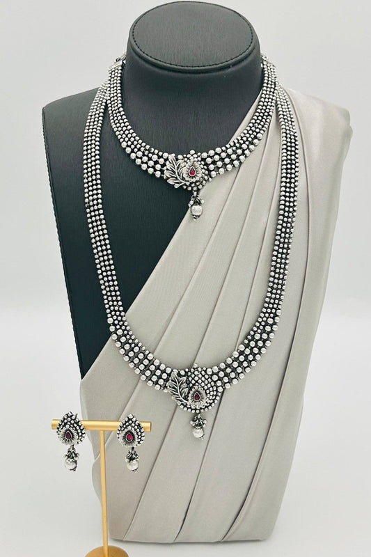 Oxidized Silver Necklace Set with Red Stone Embellishments and Matching Earrings. - swadeshsouq.com