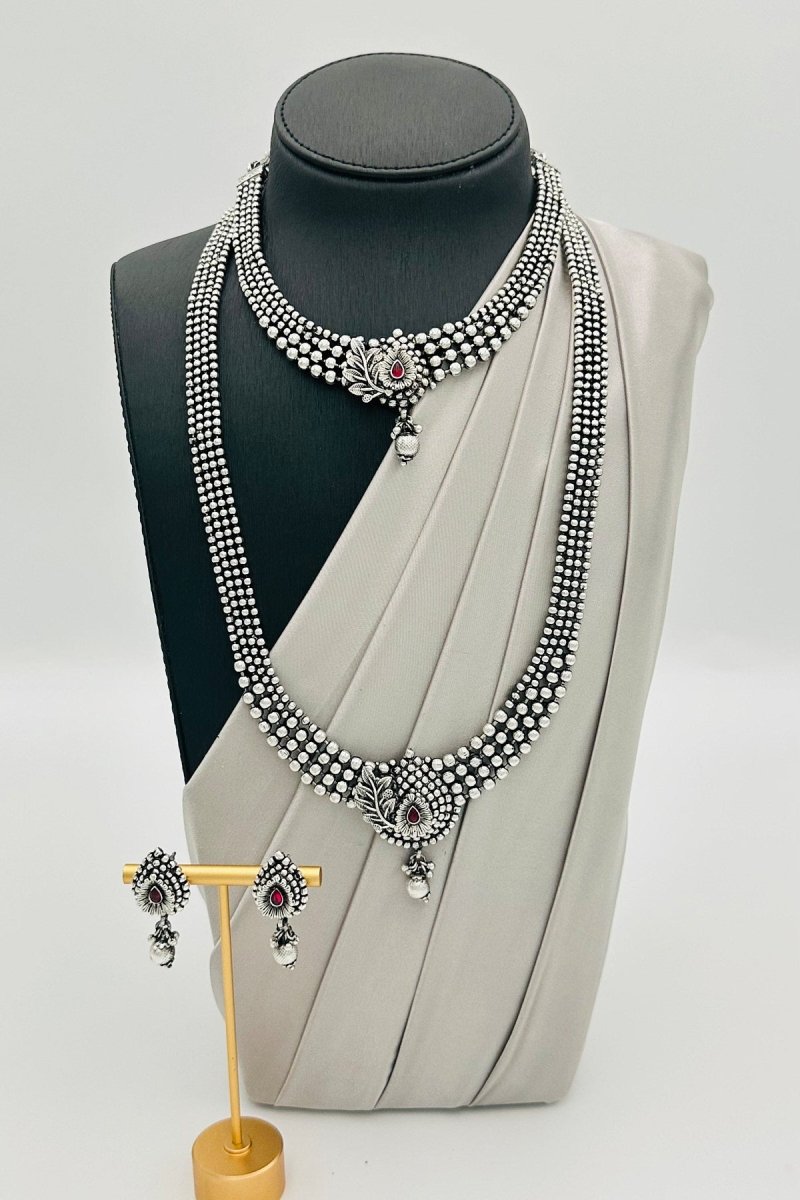 Oxidized Silver Necklace Set with Red Stone Embellishments and Matching Earrings. - swadeshsouq.com