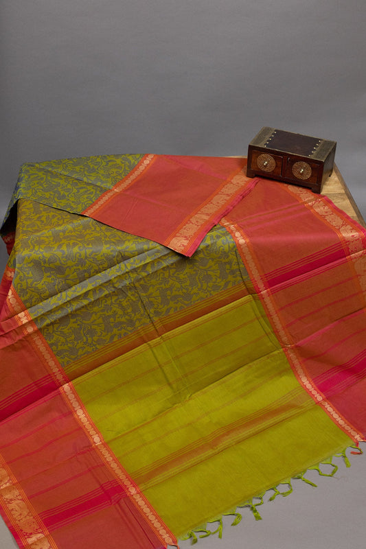 Parrot Green & Sun-Kissed Orange Vanasingaram Elegance - swadeshsouq.com