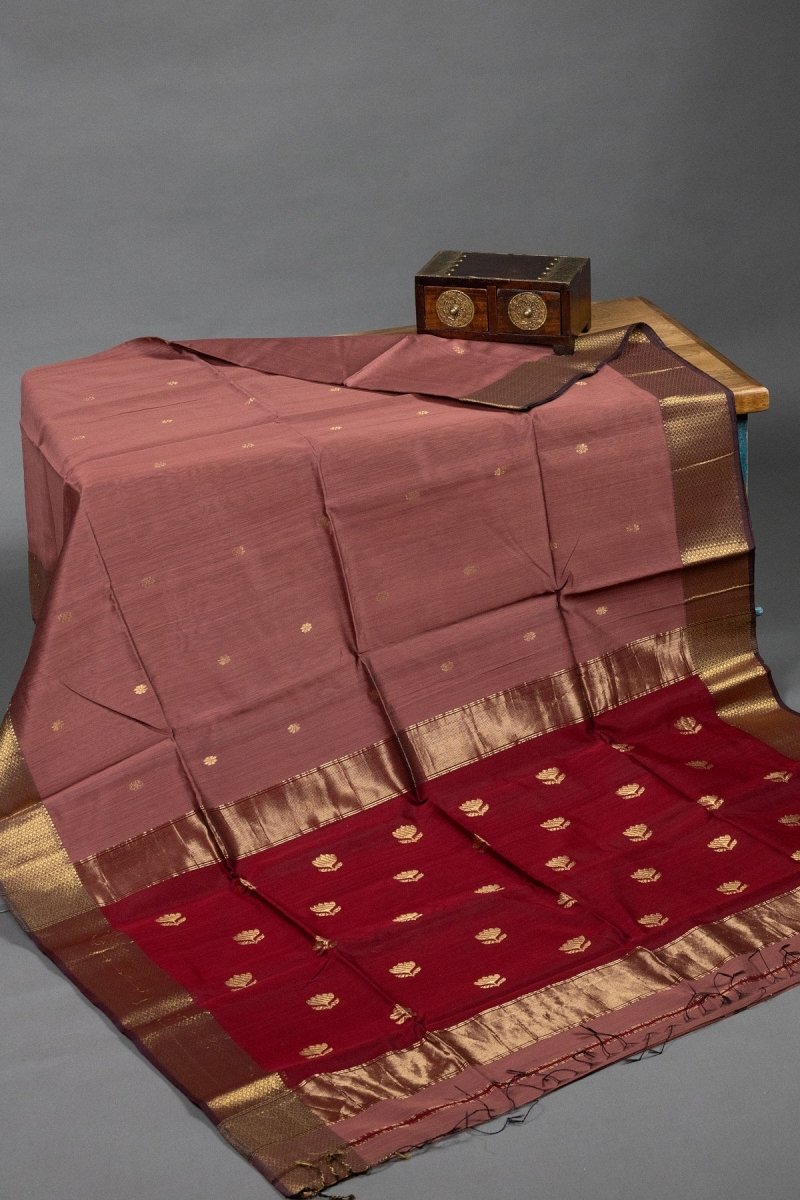 Pastel Brown & Maroon Maheshwari Silk Saree - swadeshsouq.com