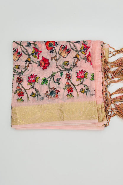 Peach Blossom: Pastel Peach Dupatta with Floral Digital Print - swadeshsouq.com