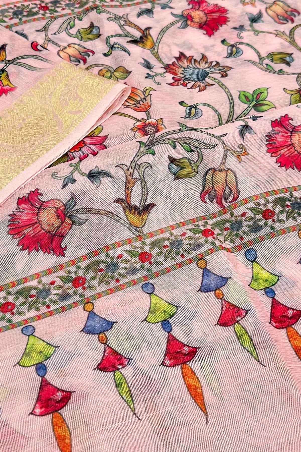 Peach Blossom: Pastel Peach Dupatta with Floral Digital Print - swadeshsouq.com