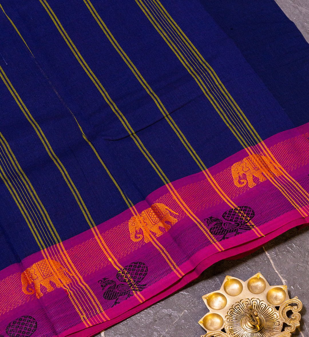 "Peacock and Elephant Symphony: Royal Blue and Pink Cotton Chettinad Saree with Double Border" - swadeshsouq.com