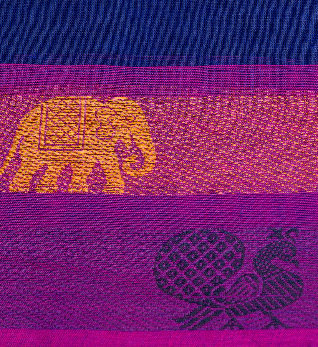 "Peacock and Elephant Symphony: Royal Blue and Pink Cotton Chettinad Saree with Double Border" - swadeshsouq.com