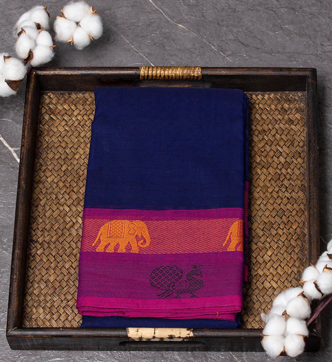 "Peacock and Elephant Symphony: Royal Blue and Pink Cotton Chettinad Saree with Double Border" - swadeshsouq.com