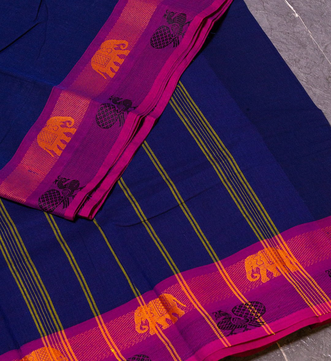 "Peacock and Elephant Symphony: Royal Blue and Pink Cotton Chettinad Saree with Double Border" - swadeshsouq.com