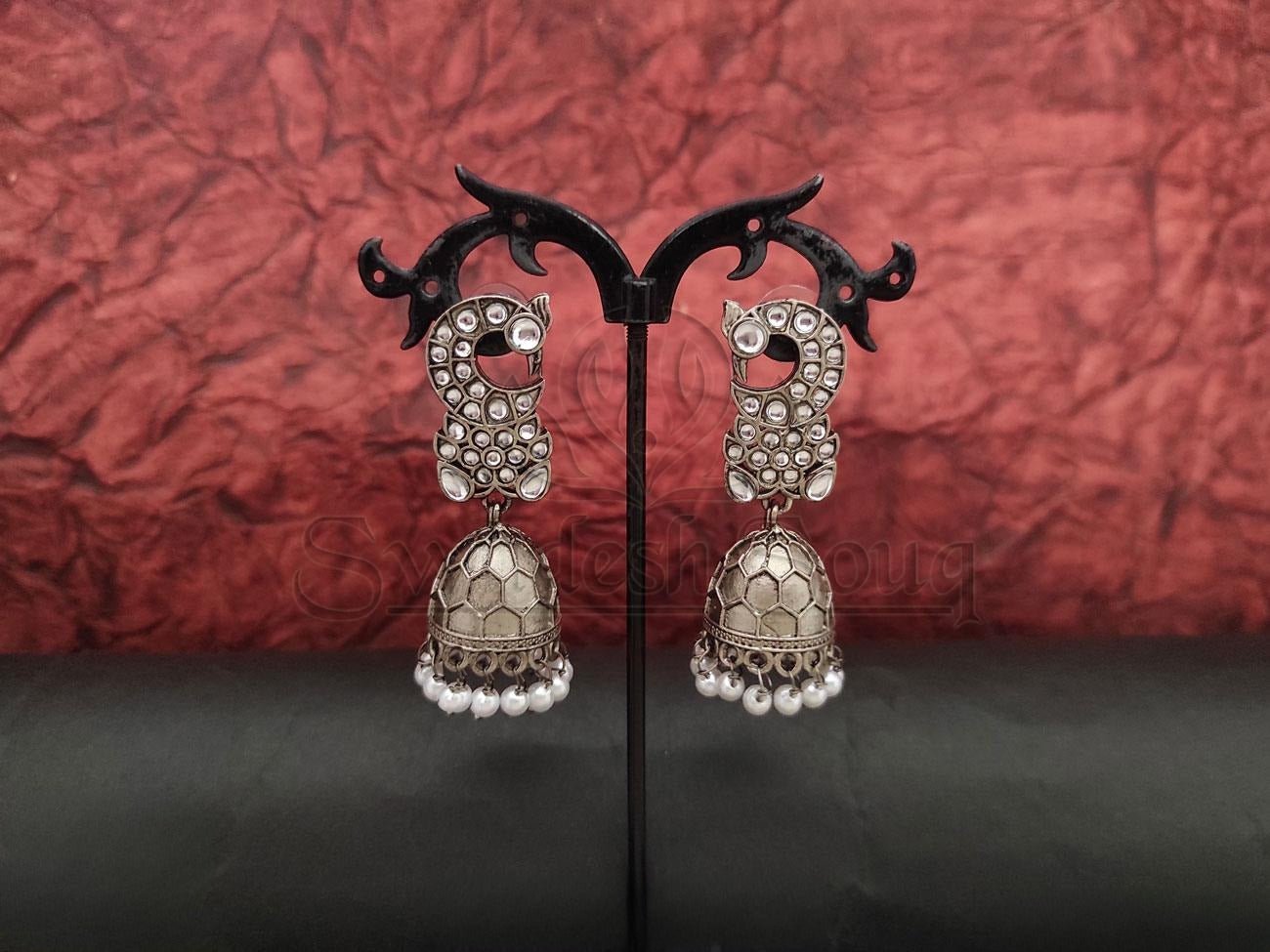 Peacock Design Oxidised Silver Jhumkas with White Stone Embellishment. - swadeshsouq.com