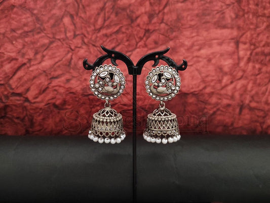 Peacock-Inspired Oxidised Silver Jhumka Earrings with Kundans and Pearls. - swadeshsouq.com