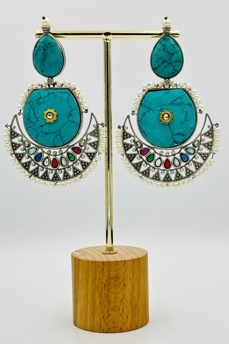 Pearl and Crystal-Adorned Silver Crescent Earrings - swadeshsouq.com