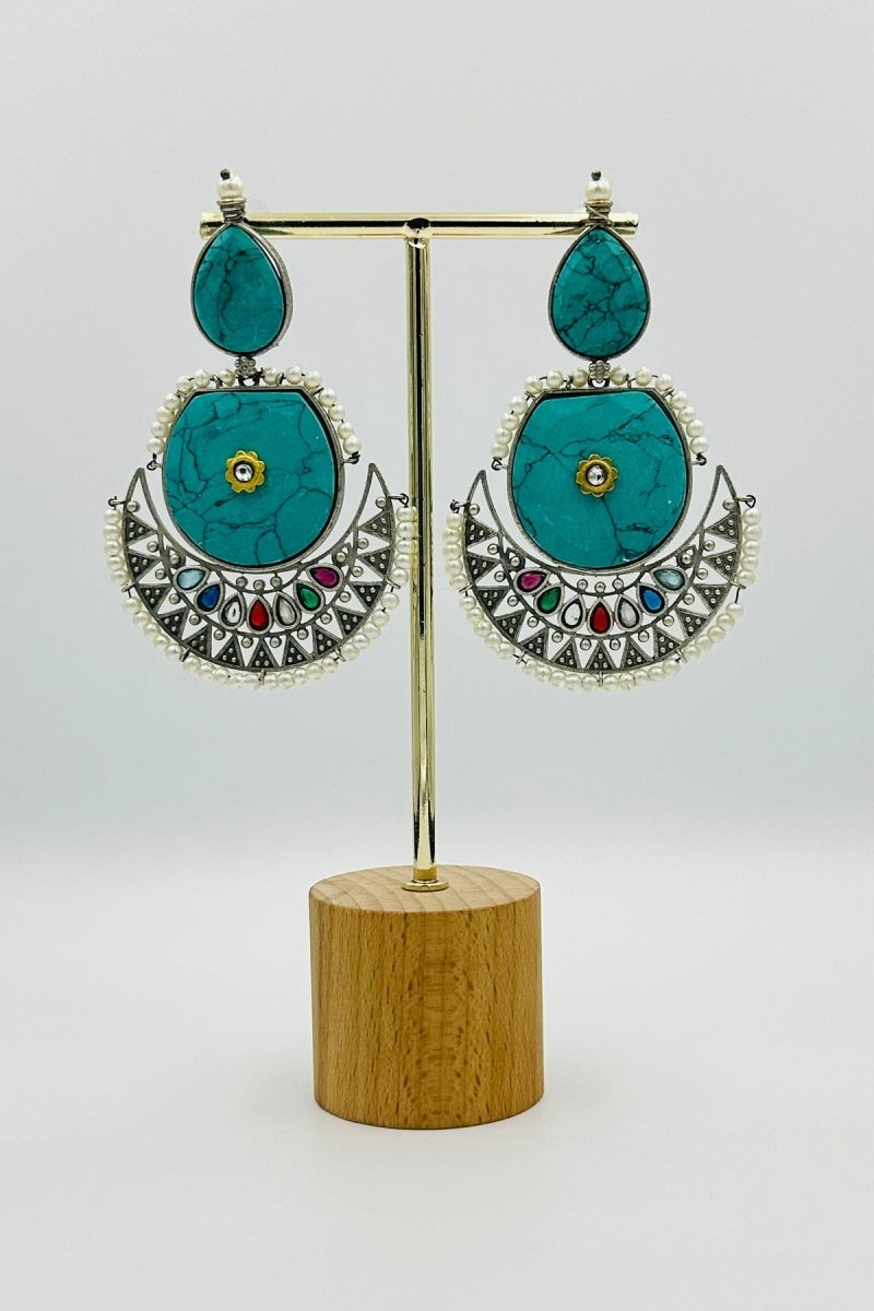 Pearl and Crystal-Adorned Silver Crescent Earrings - swadeshsouq.com