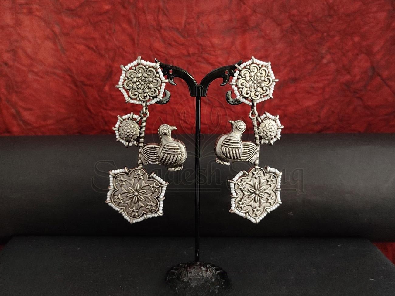 Pearl Lined Bird Danglers in Oxidised Silver. - swadeshsouq.com