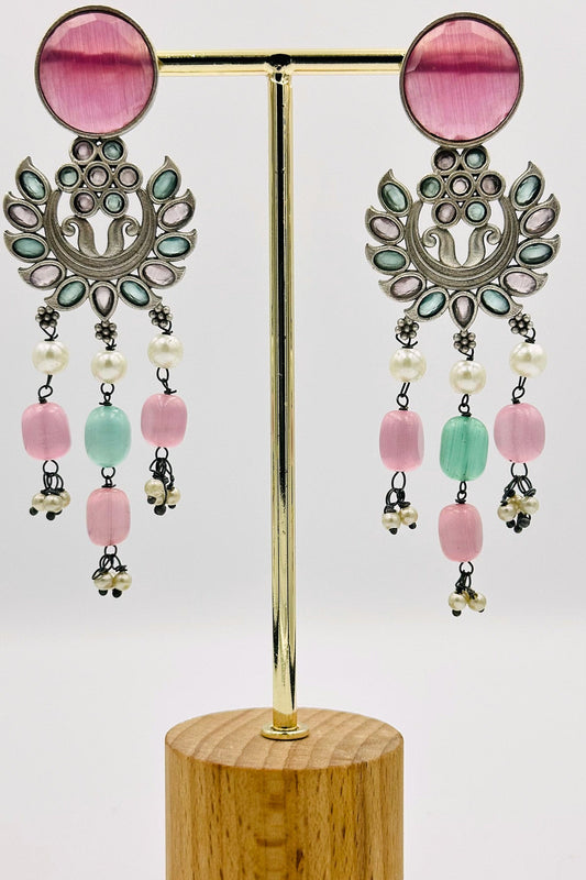 Pink and Turquoise Elegance: Silver Dangler Earrings with Floral Motif - swadeshsouq.com