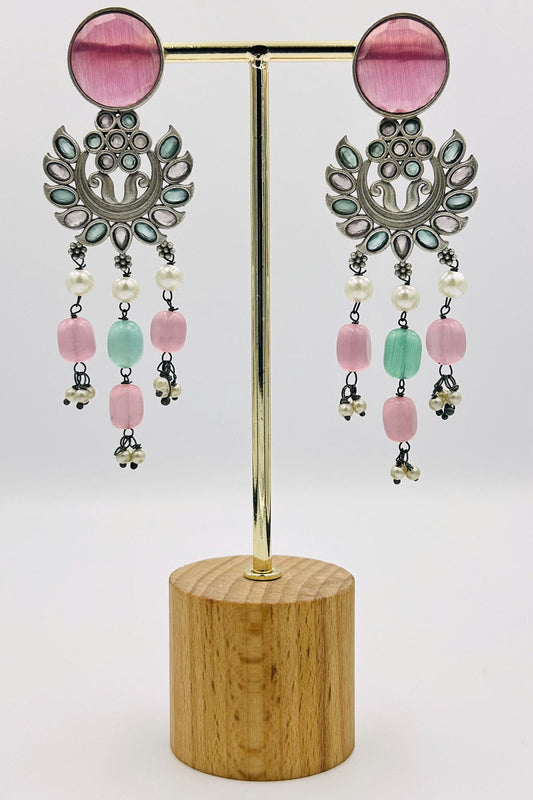 Pink and Turquoise Elegance: Silver Dangler Earrings with Floral Motif - swadeshsouq.com