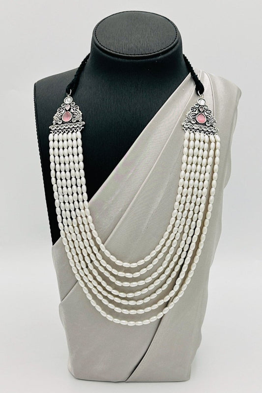 Pink Elegance: Pearl Necklace Set with Peacock Motif - swadeshsouq.com