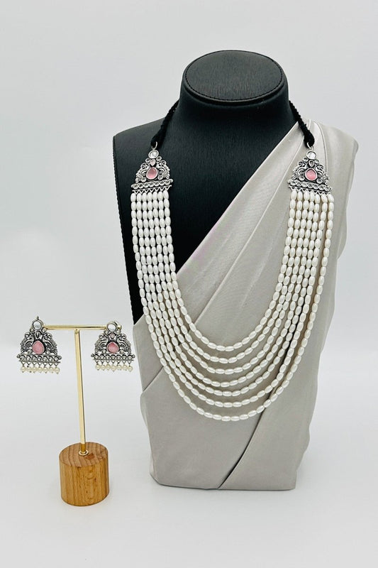 Pink Elegance: Pearl Necklace Set with Peacock Motif - swadeshsouq.com