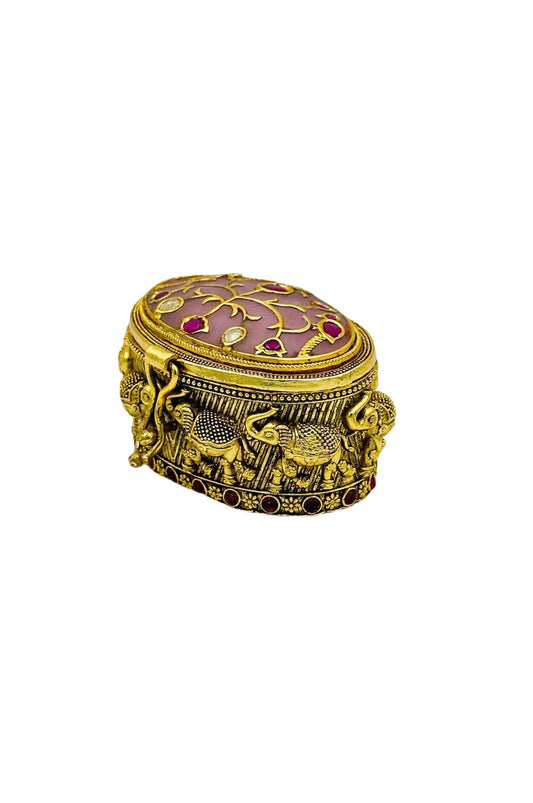 Pink Jadau Stone kumkum Box Adorned with Nagas and Filigree Artistry - swadeshsouq.com