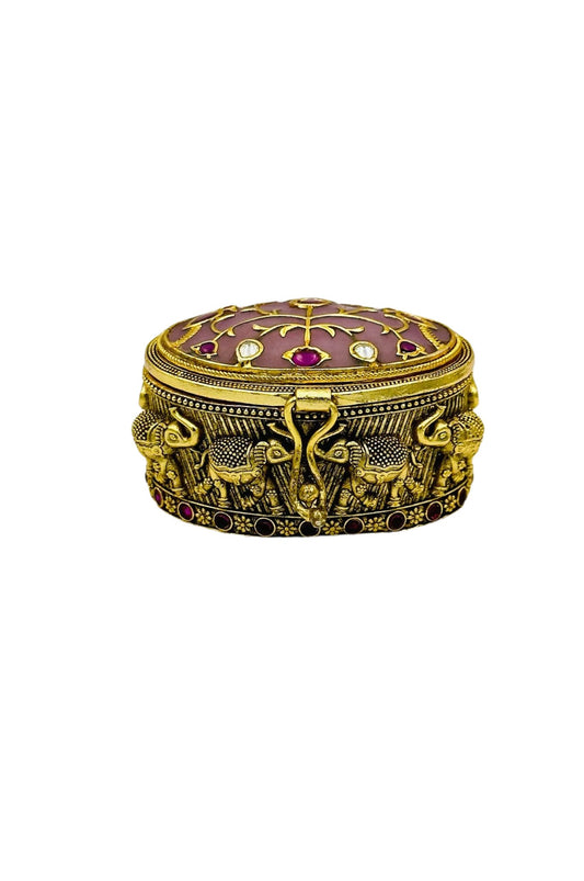 Pink Jadau Stone kumkum Box Adorned with Nagas and Filigree Artistry - swadeshsouq.com