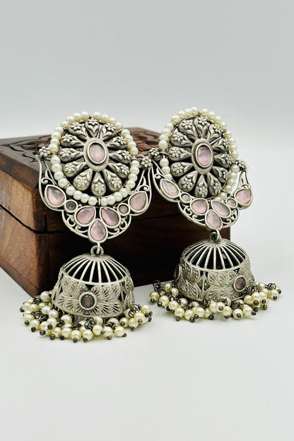 Pink Serenade Silver Jhumkas - swadeshsouq.com