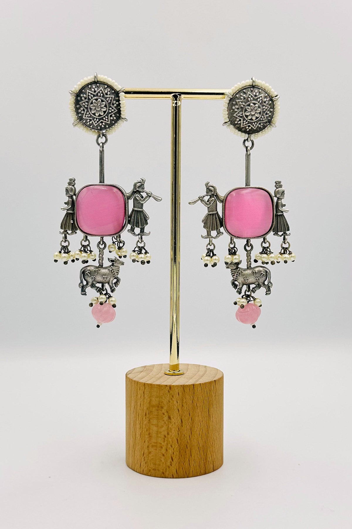 Pink Silver Danglers with Cow and Musicians - swadeshsouq.com