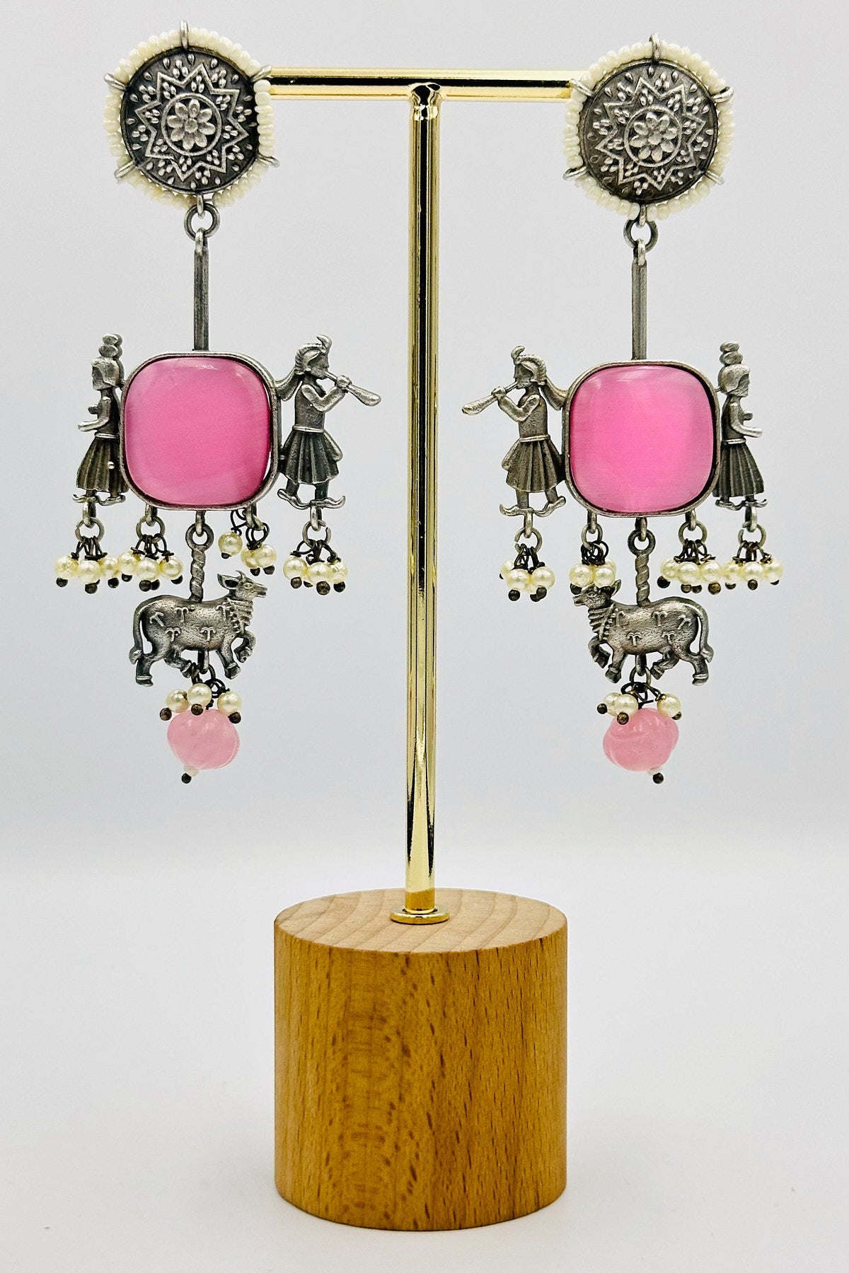 Pink Silver Danglers with Cow and Musicians - swadeshsouq.com