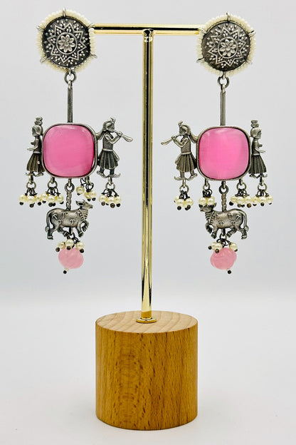 Pink Silver Danglers with Cow and Musicians - swadeshsouq.com