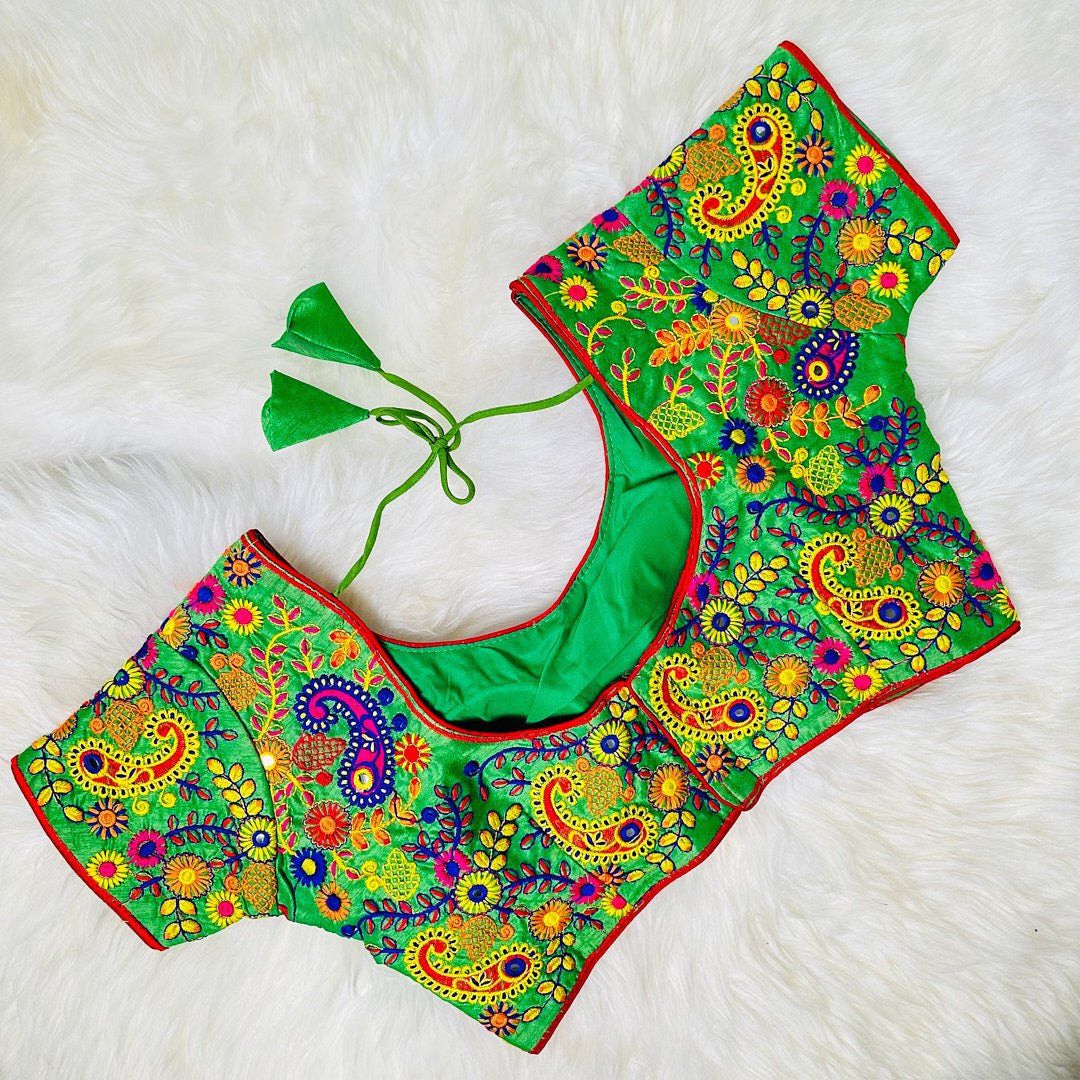 Playful Sophistication: Parrot Green Blouse with Rainbow-hued Embroidery. - swadeshsouq.com