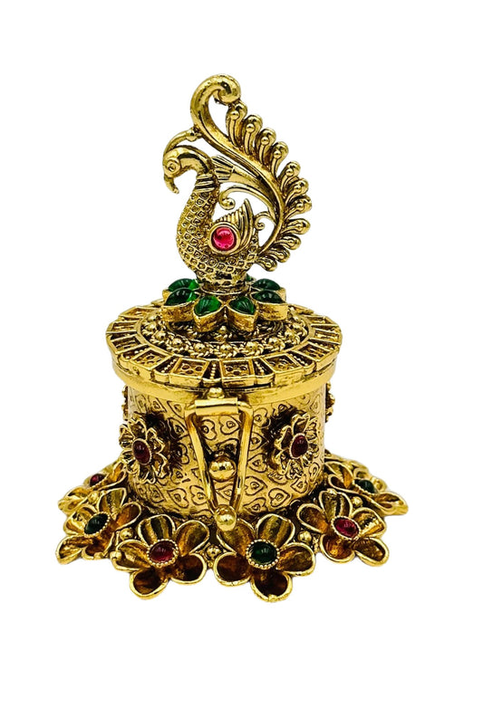 Premium Peacock Kumkum/Sindoor Box in Nagas Artistry with Kemp Accents - swadeshsouq.com