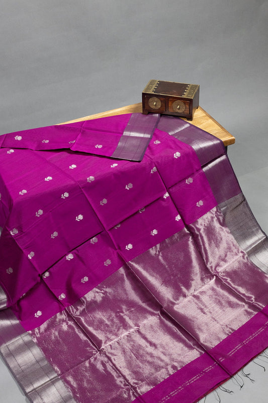 purple Maheshwari Silk-Cotton Saree with Lotus Butti & Silver Zari Borders - swadeshsouq.com