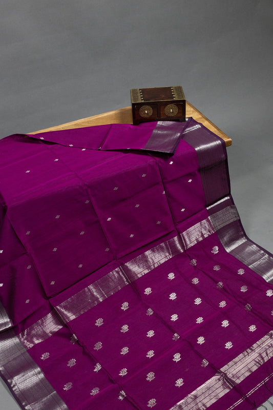 Purple Maheshwari Silk-Cotton Saree with Silver Zari & Rose Butti - swadeshsouq.com