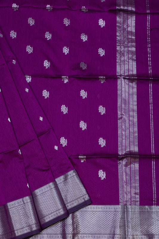 Purple Maheshwari Silk-Cotton Saree with Silver Zari & Rose Butti - swadeshsouq.com