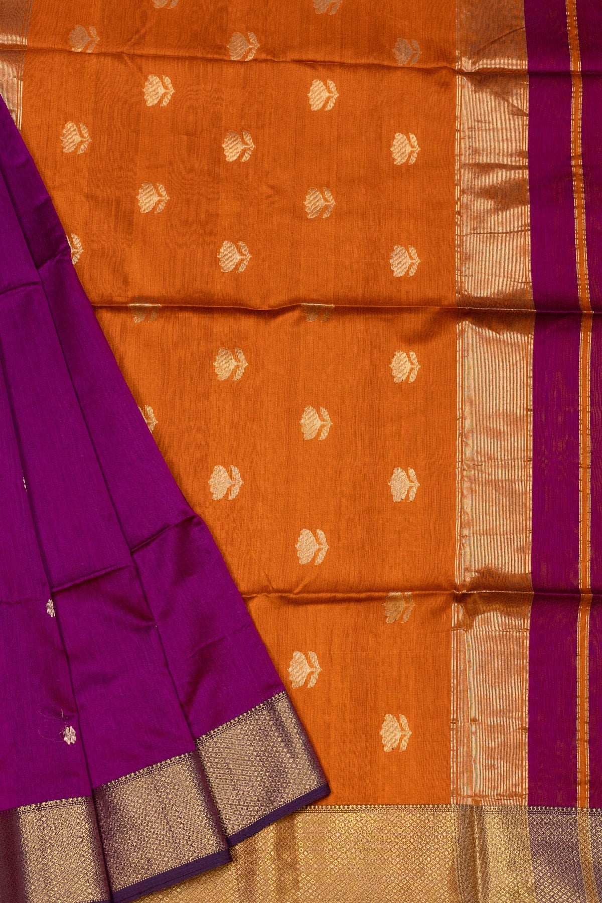 Purple & Yellow Maheshwari Silk Cotton Saree - swadeshsouq.com