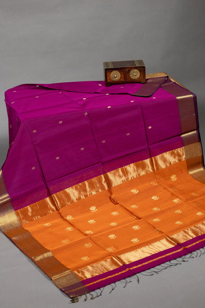 Purple & Yellow Maheshwari Silk Cotton Saree - swadeshsouq.com