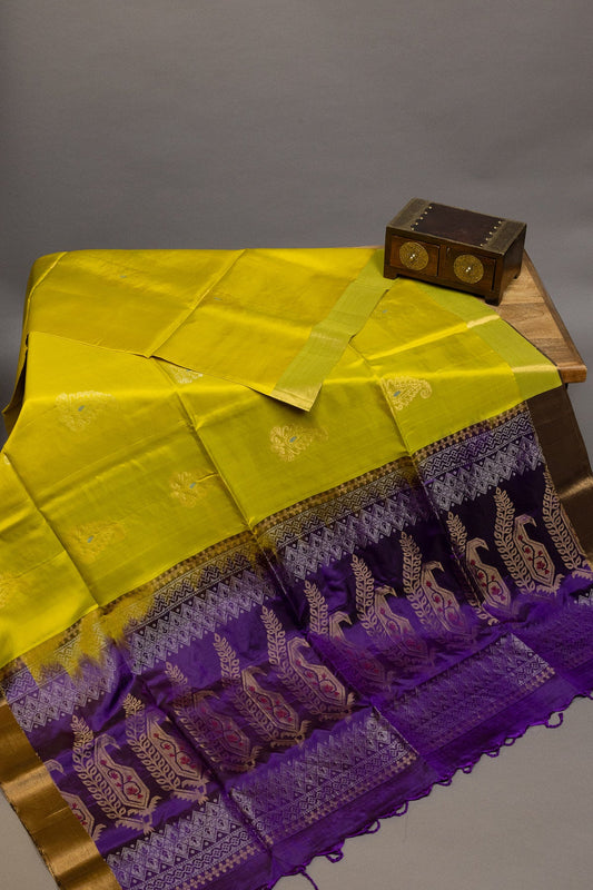 Radiant Blooms: Sunflower Yellow& Royal Purple Kanjeevaram Saree - swadeshsouq.com