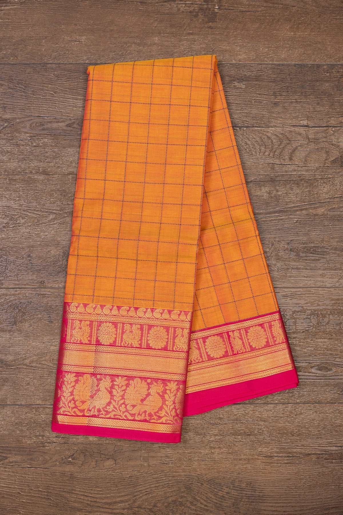 Radiant Copper & Pink: Zari Checks Cotton Saree - swadeshsouq.com