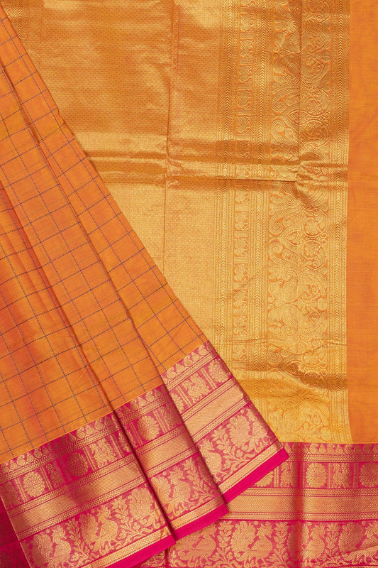 Radiant Copper & Pink: Zari Checks Cotton Saree - swadeshsouq.com